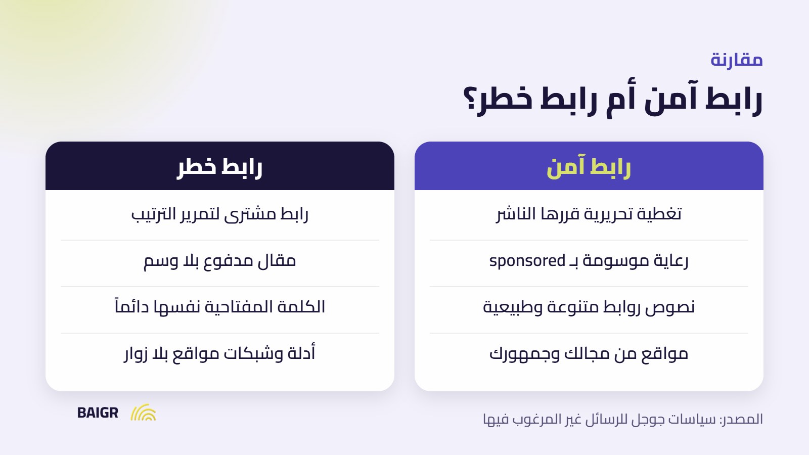 مقارنة بين الروابط الخلفية الآمنة والروابط المزعجة وفق سياسات جوجل