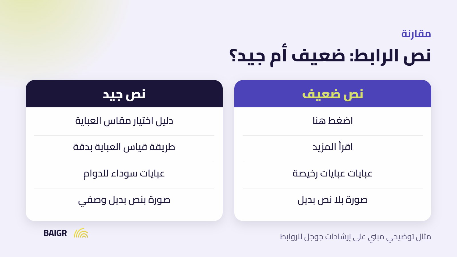 مقارنة بين نص رابط داخلي ضعيف وآخر جيد