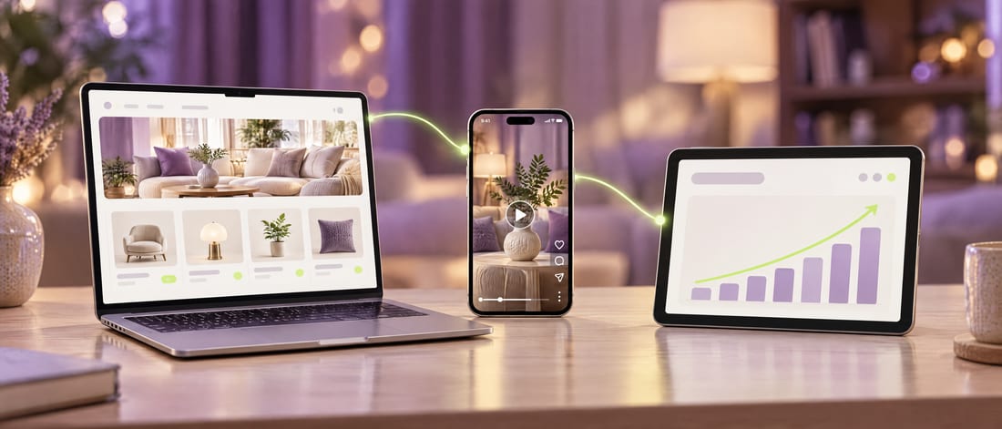 ثلاثة أجهزة متصلة بخطوط ضوء ليمونية: متجر إلكتروني على الحاسوب، وإعلان فيديو على الهاتف، ولوحة إيرادات على الجهاز اللوحي — منظومة واحدة.